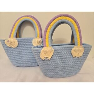 Kids Blue Rope Tote Bag Rainbow Handle Straw Beach Purse Set of 2